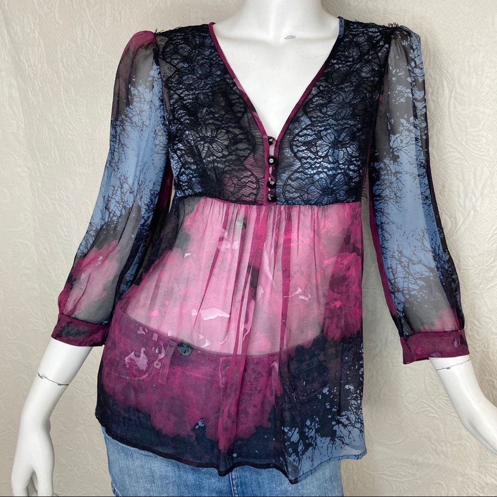 Tracy Reese Silk & Lace Empire Waist Sheer Blouse